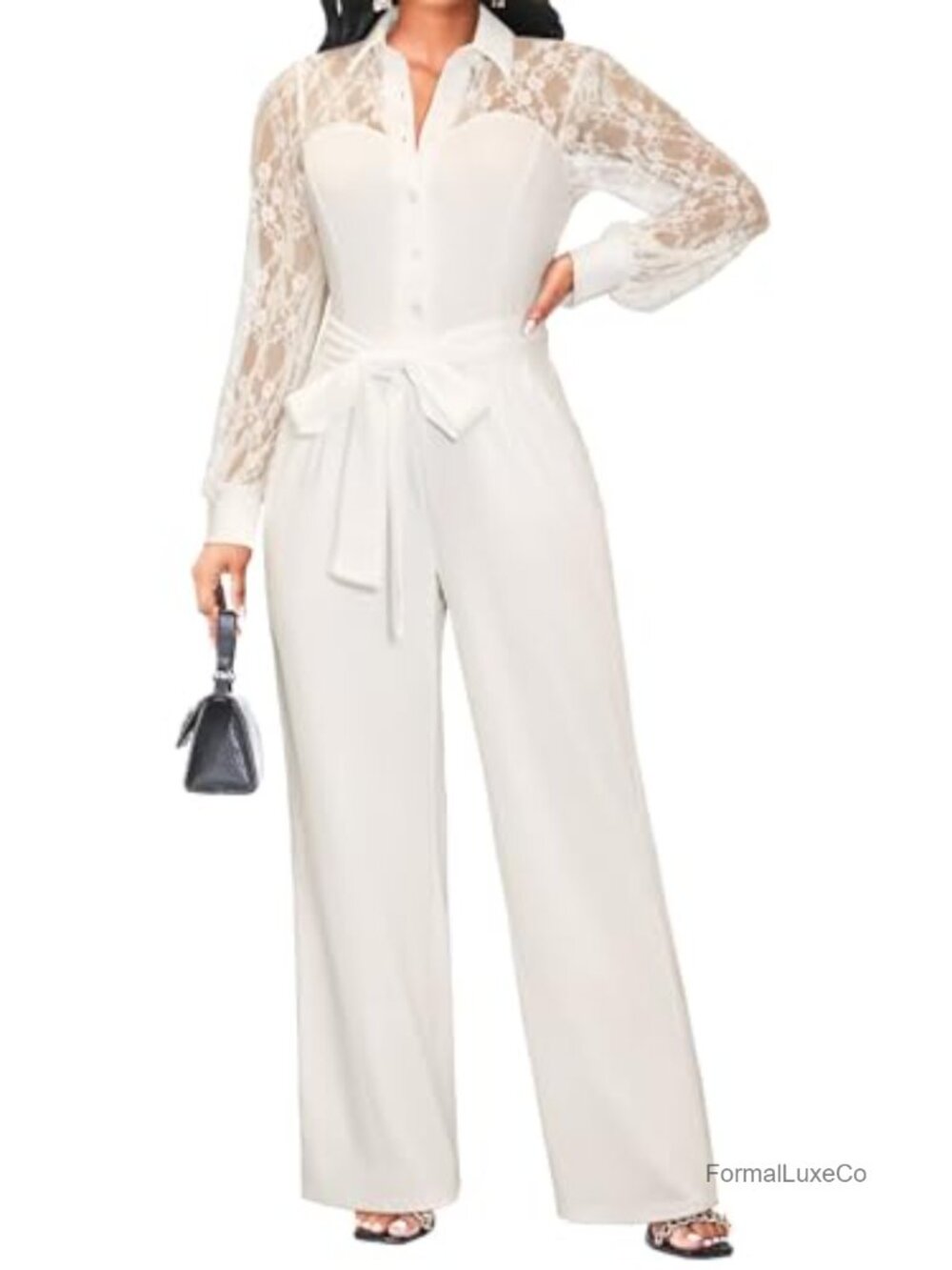 Women's Lace Panel Wide Leg Jumpsuit Puff Sleeve V-Neck